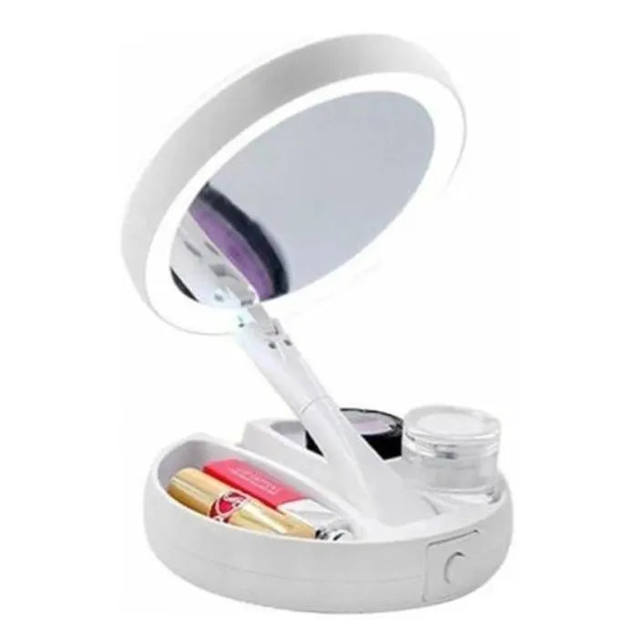 Espelho maquiagem dobrável aumenta até 10x com luz led portátil viagem camarim